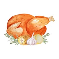 手描き水彩七面鳥の丸焼きポテト焼きトウモロコシ ガーリックとベクトルで作られたローズマリー