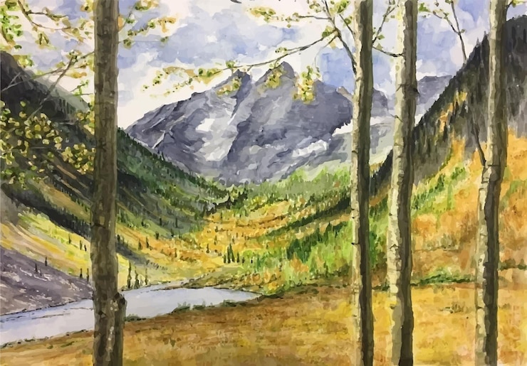 Vector hand drawn watercolor sea and mountain scene illustration