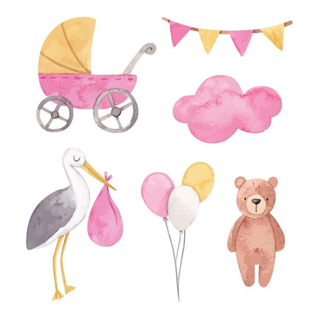 Hand drawn watercolor set for baby girls teddy bear baby stroller balloons stork cloud