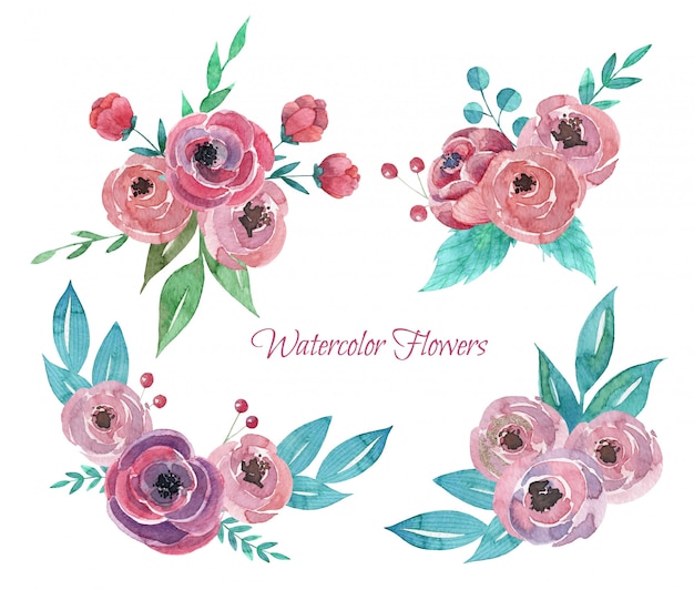 Hand drawn watercolor set of bouquets of pink flowers