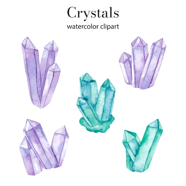 Vector hand drawn watercolor set of crystals