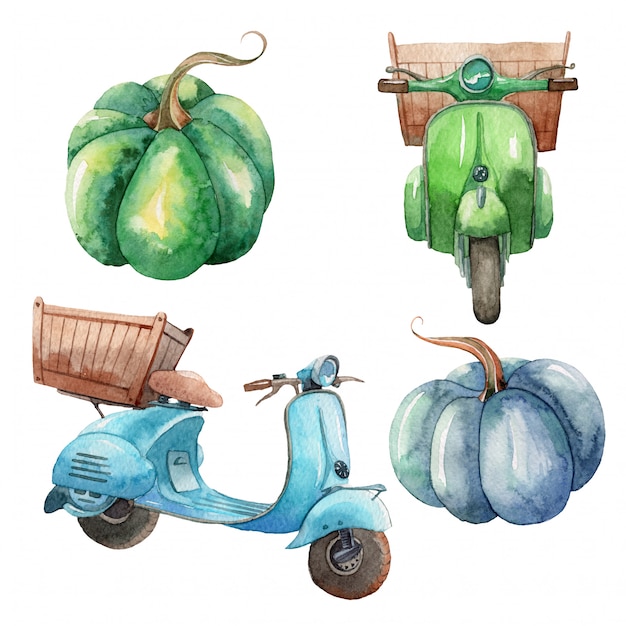 Hand drawn watercolor set of retro motorcycles and pumpkins