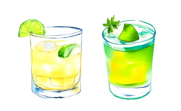 Vector hand drawn watercolor set of tropical refreshment cocktails vector