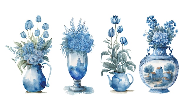 Hand drawn watercolor set of vintage dutch vases with blue flowers. holland tulips. delft blue.