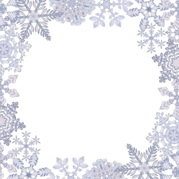손으로 그린 수채 스노우플레이크 파란색과 은색의 물 얼음 결정 겨울에 얼어붙은 그림 고립 된 경계 프레임  ⁇ 색 배경 휴일 포스터 인쇄 웹 사이트 카드 초대