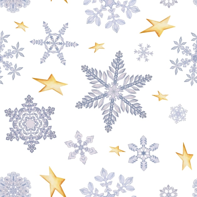 Hand drawn watercolor snowflakes and gold stars water ice crystals frozen in winter Illustration isolated seamless pattern white background Design holiday poster print website card invitation