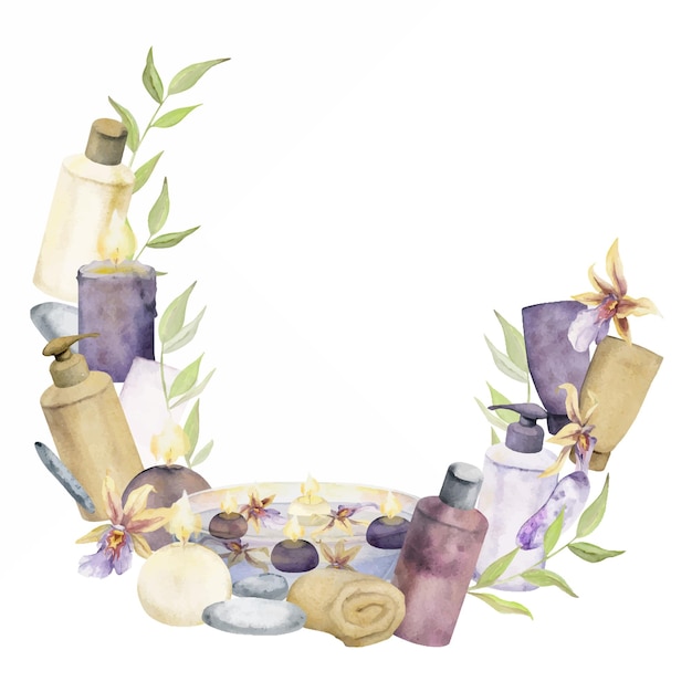 Hand drawn watercolor spa skincare bath beauty products package with flowers and leaves Frame border Isolated on white background Design for wellness resort print fabric cover card booklet