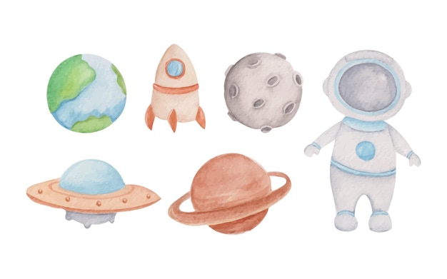 Hand drawn watercolor space collection