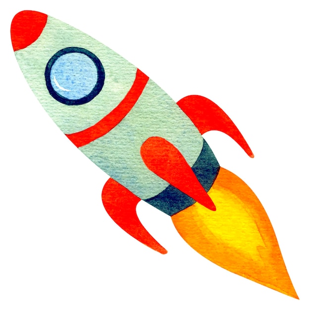 Vector hand drawn watercolor spaceship cartoon rocket isolated on white background cute illustration