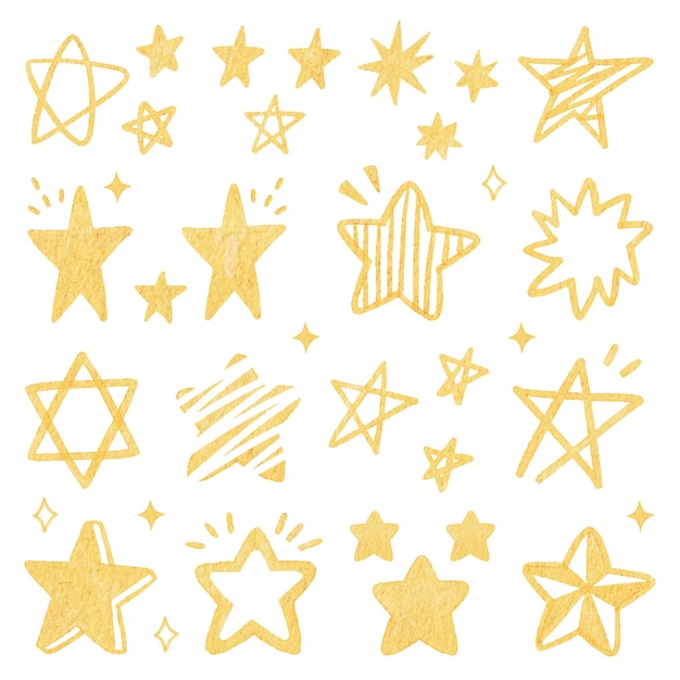 Vector hand drawn watercolor stars glitter doodle illustration set