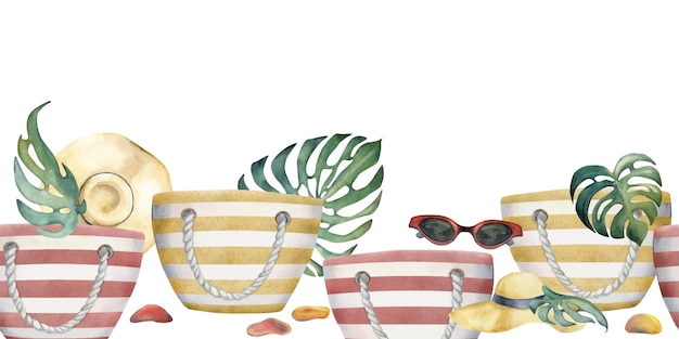Vector hand drawn watercolor striped beach bag sun hat sea glass seamless horizontal banner isolated on white background design for wall art wedding print fabric cover card tourism travel booklet