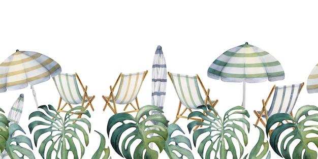 Ручной рисунок акварелью полосатый шезлонг и зонтик Бесшовный горизонтальный баннер Изолированный на белом фоне Дизайн для настенного искусства свадебный принт ткань обложка туристический туристический буклет