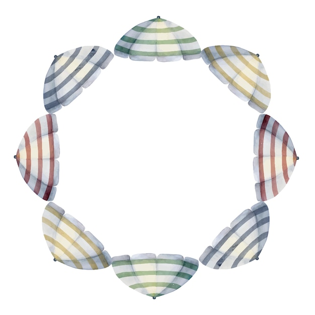 Hand drawn watercolor striped cocktail beach umbrella caleidoscope Circle wreath frame Isolated on white background Design wall art wedding print fabric cover card tourism travel booklet