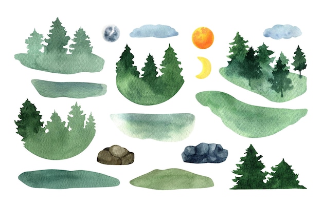 Vettore foresta e paesaggio delle montagne blu e verdi di estate dell'acquerello disegnato a mano