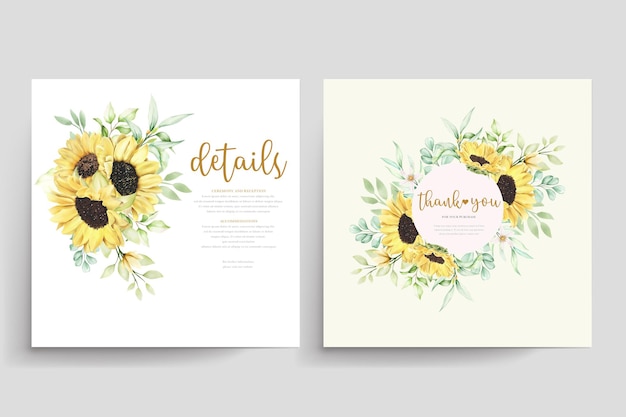 Hand drawn watercolor sunflower wedding card set