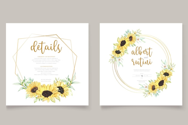 Hand drawn watercolor sunflower wedding card set