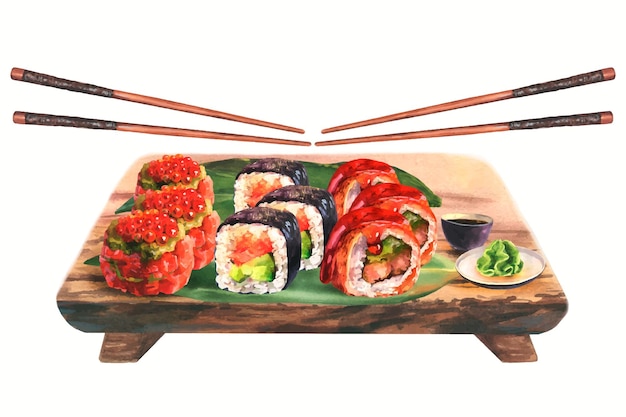 hand drawn watercolor sushi set and soy with wasabi on wooden board with chopsticks.