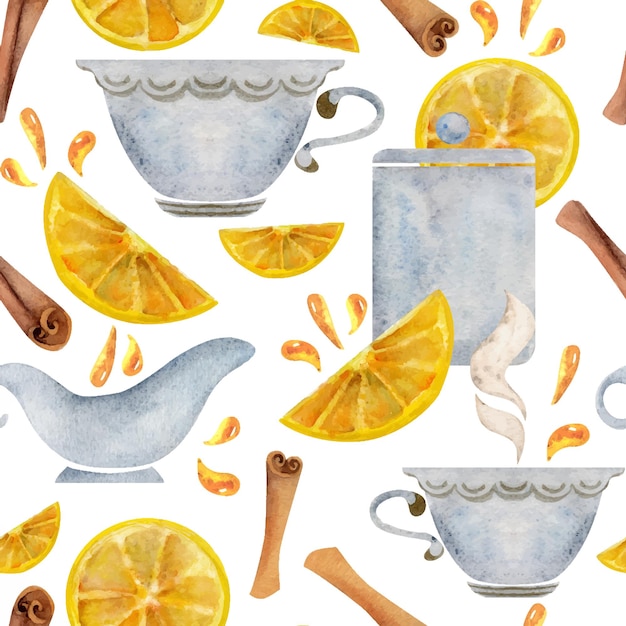 Hand drawn watercolor teaware tea lemon dishes crockery porcelain hot beverage Seamless pattern isolated on white background For invitations cafe restaurant food menu print website cards