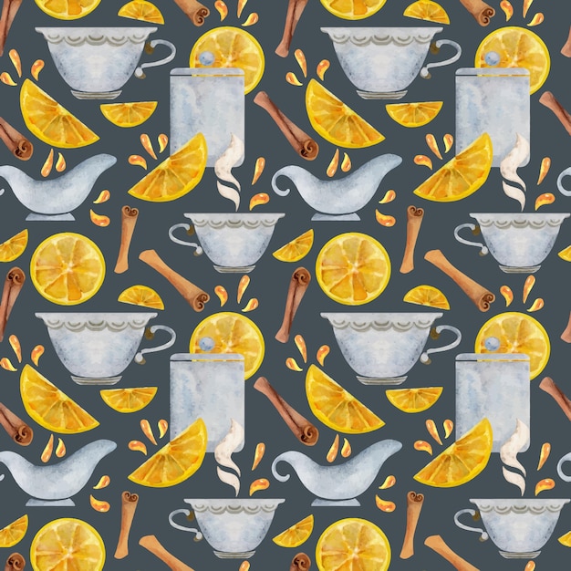 Hand drawn watercolor teaware tea lemon dishes crockery porcelain hot beverage Seamless pattern isolated on white background For invitations cafe restaurant food menu print website cards