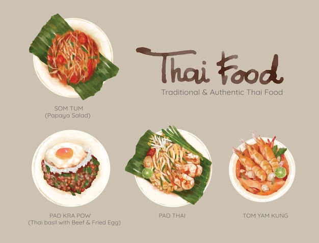 Vector hand drawn watercolor traditonal and authentic original thai food