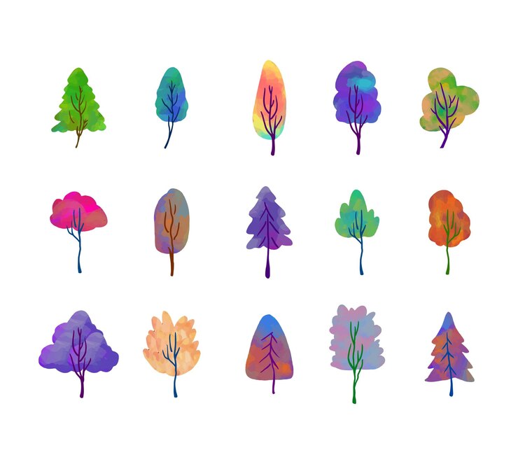 Vector hand drawn watercolor tree collections, abstract style.