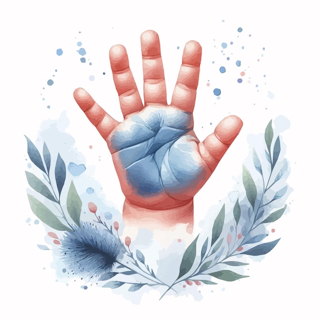 Hand drawn watercolor vector illustration of a human hand with palm upprint of a childs hand