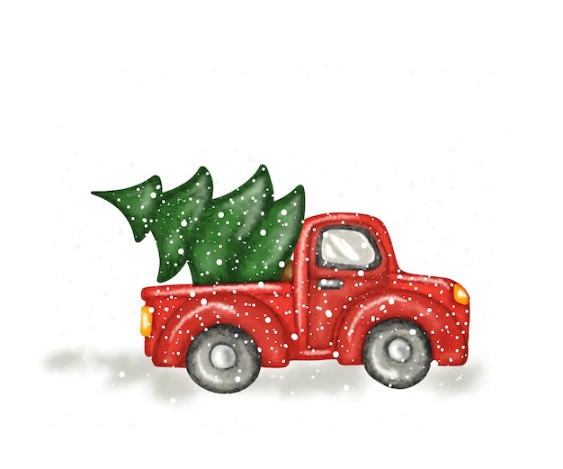 Vettore acquerello disegnato a mano camion rosso vintage con clip art vettoriale dell'albero di natale