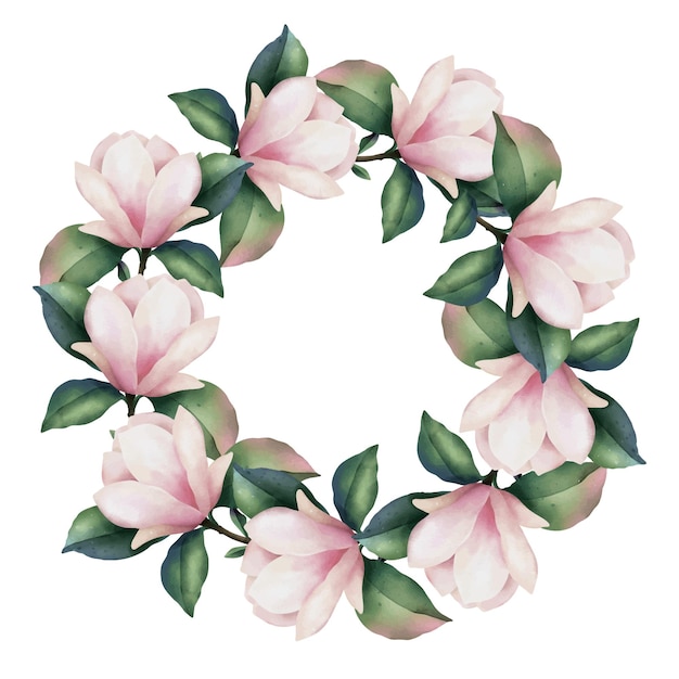 Vector hand drawn watercolor wreath of pink magnolia flowers, isolated illustration on a white background