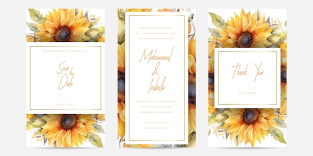 Hand drawn watercolor yellow sunflowers floral card set Rustic theme wedding card invitation