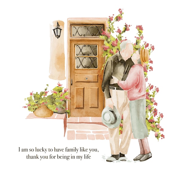 Нарисованная рукой акварельная иллюстрация пары пожилых людей у дверей в саду