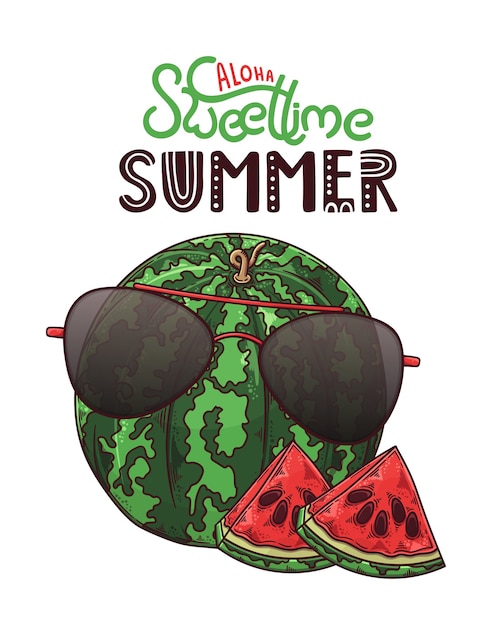 Hand drawn watermelon. lettering: aloha sweet time summer.