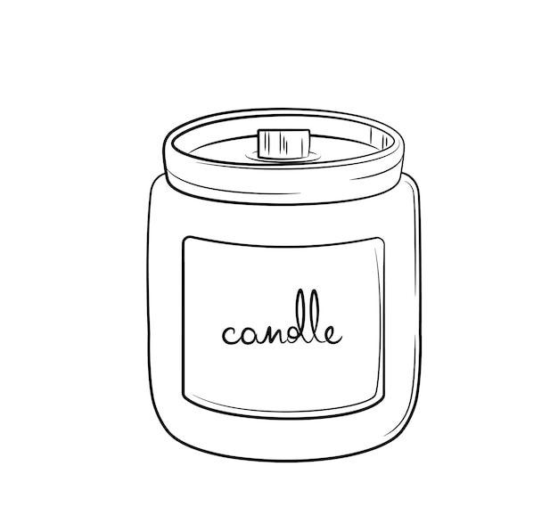 Hand-drawn wax candle in glass holder with wooden wick. Sketch in doodle style.