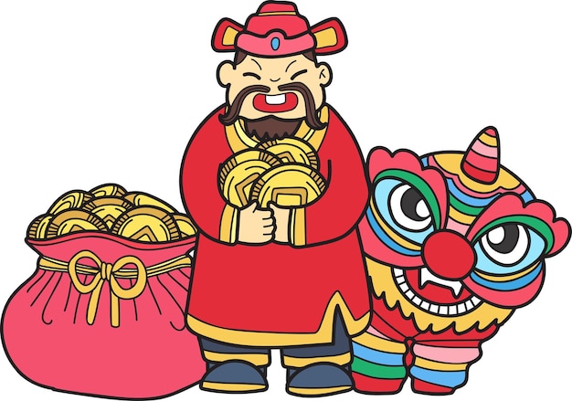 Hand drawn wealth god and chinese lion illustration