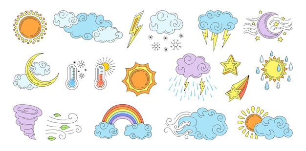 Hand drawn weather cartoon set with clouds and sun