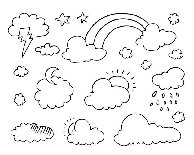 Collezione meteorologica disegnata a mano illustrazione vettoriale in stile piatto su sfondo bianco