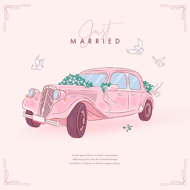 Vector hand drawn wedding car