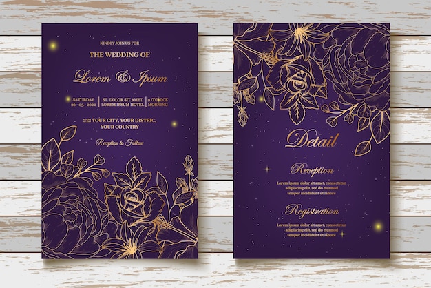 Hand Drawn Wedding Card Set with Golden Floral Decoration