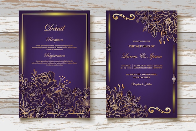 Hand Drawn Wedding Card Set with Golden Floral Decoration