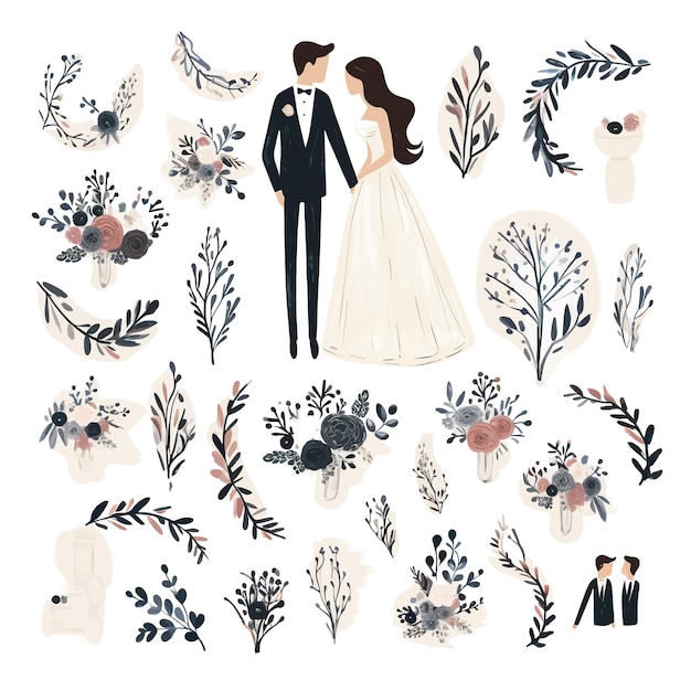 Vector hand drawn wedding cartoon vector illustration clipart white background