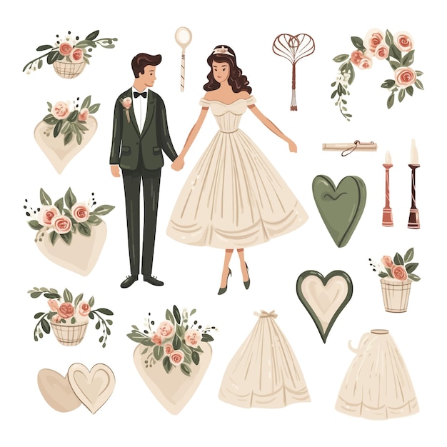 Vector hand drawn wedding cartoon vector illustration clipart white background