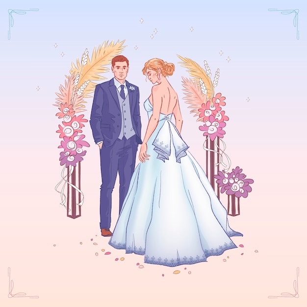 手描きの結婚式のカップルの背景