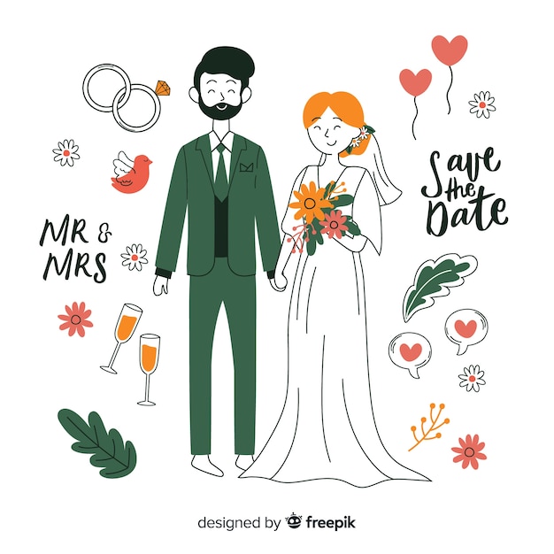 ベクトル 手描きの結婚式のカップルの背景