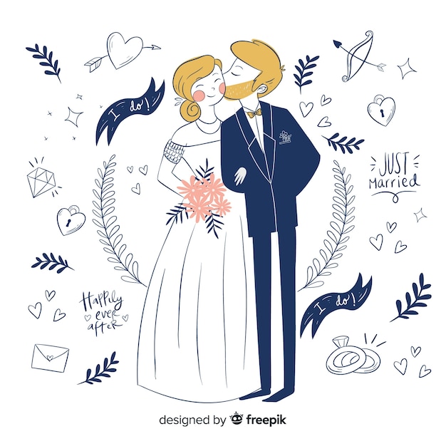 Hand drawn wedding couple with ornaments