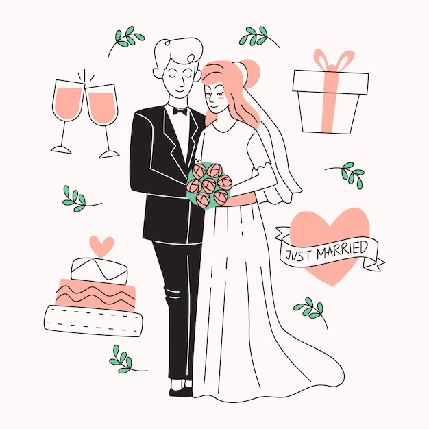 ベクトル 手描きの結婚式のカップル