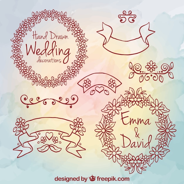 Vector hand drawn wedding decoration elements