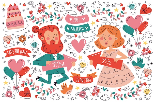 Pacchetto doodle matrimonio disegnato a mano