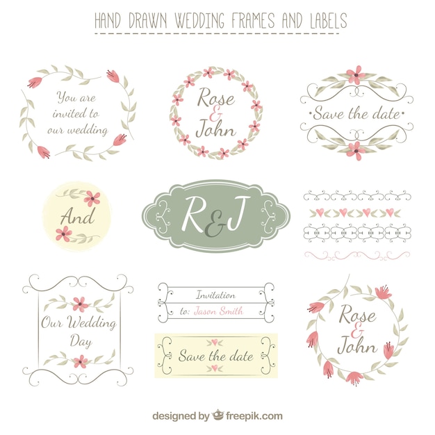 Vector hand drawn wedding frames and labels in retro style