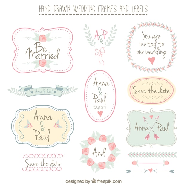 Vector hand drawn wedding frames and labels