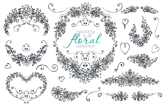 Hand drawn wedding and holiday collection. black and white
vector set of sketched frames with branches, wreaths, and
flowers.