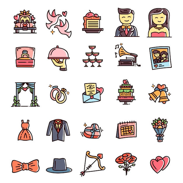 Vector hand drawn wedding icons collection
